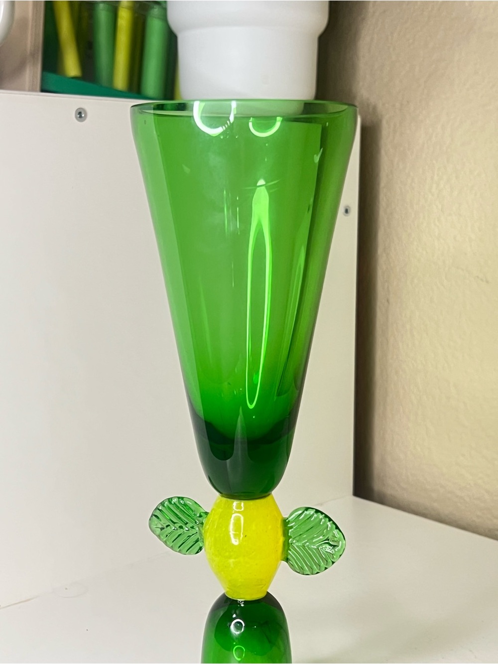 Vintage Hand-Blown Emerald & Yellow Art Glass Champagne Flute Trumpet Goblet Art